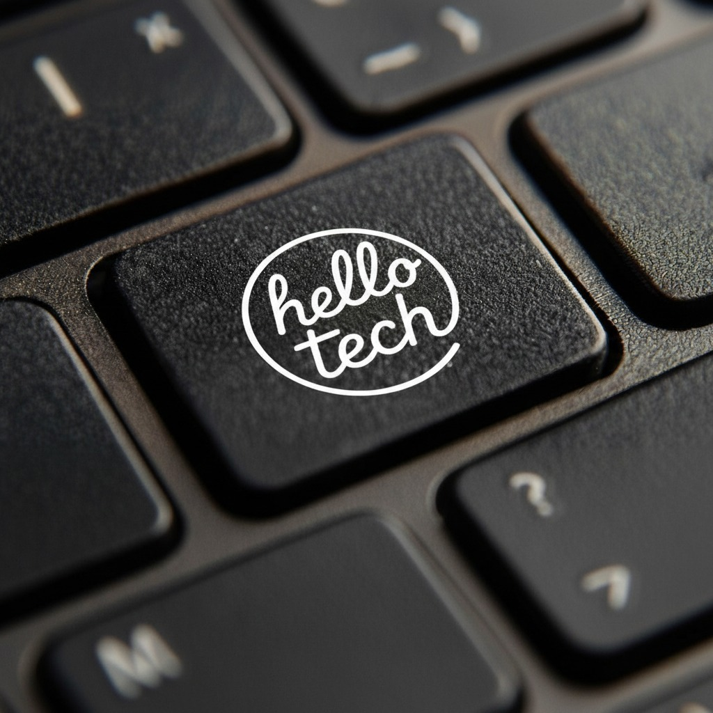 A custom keyboard with hello tech branding.
