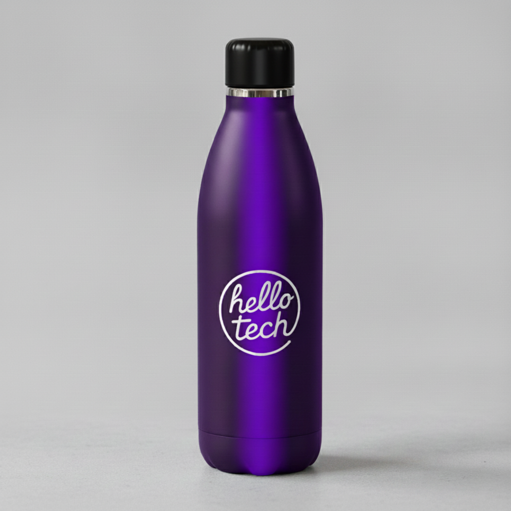 A thermos with the hello tech logo.